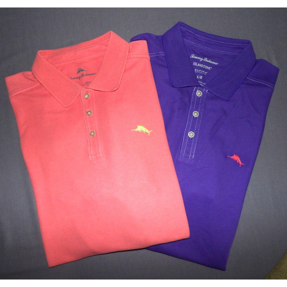 Lot of 2~ Tommy Bahama Pique Cotton Marlin Logo Polo Shirts Men's Large